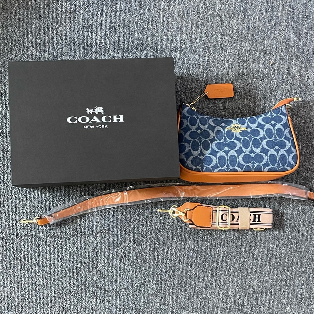 Coach Blue Signature Denim and Tan Leather Shoulder Bag